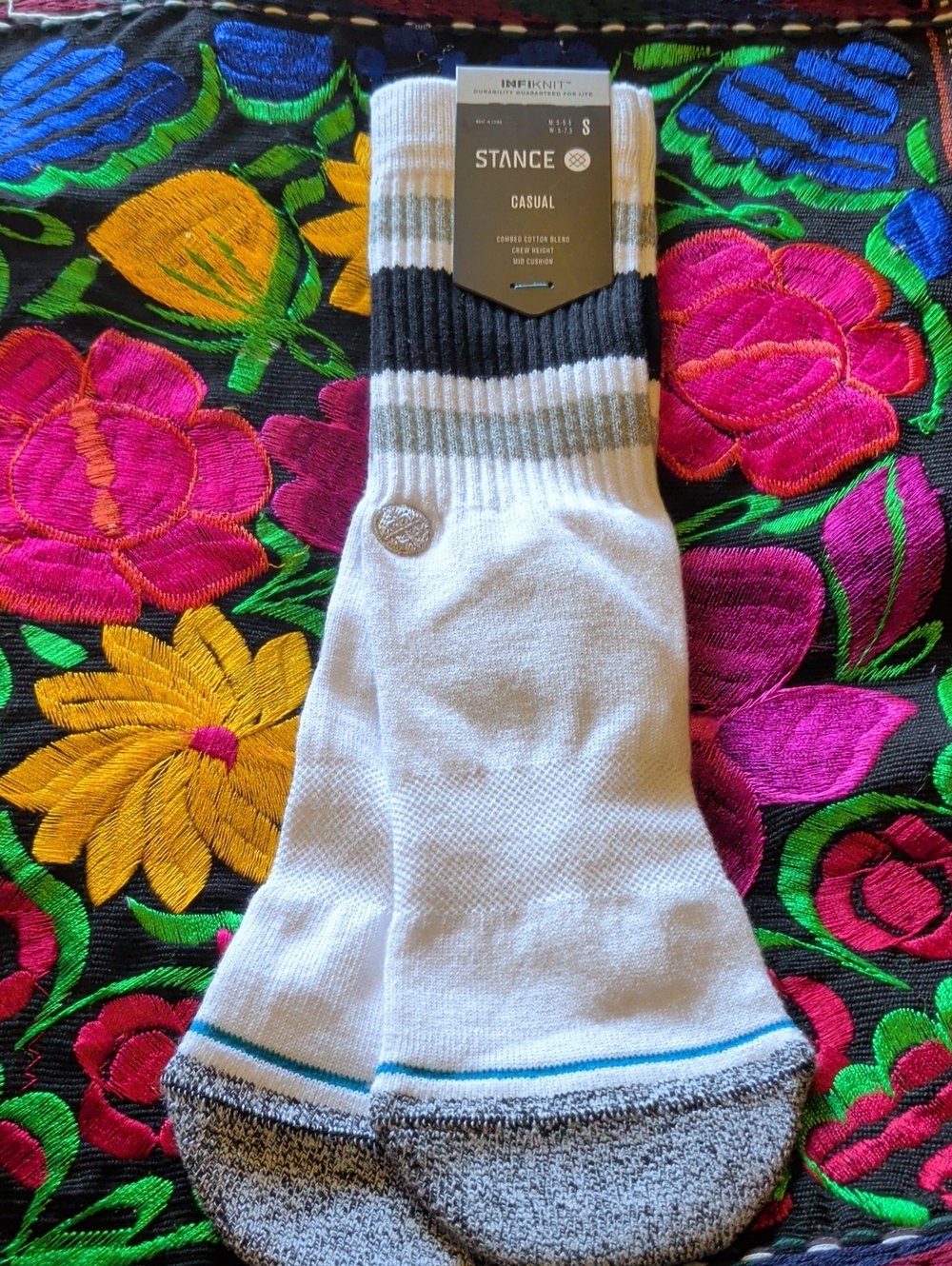 Stance Casual Crew Socks - White with Black, Gray & Teal Accents